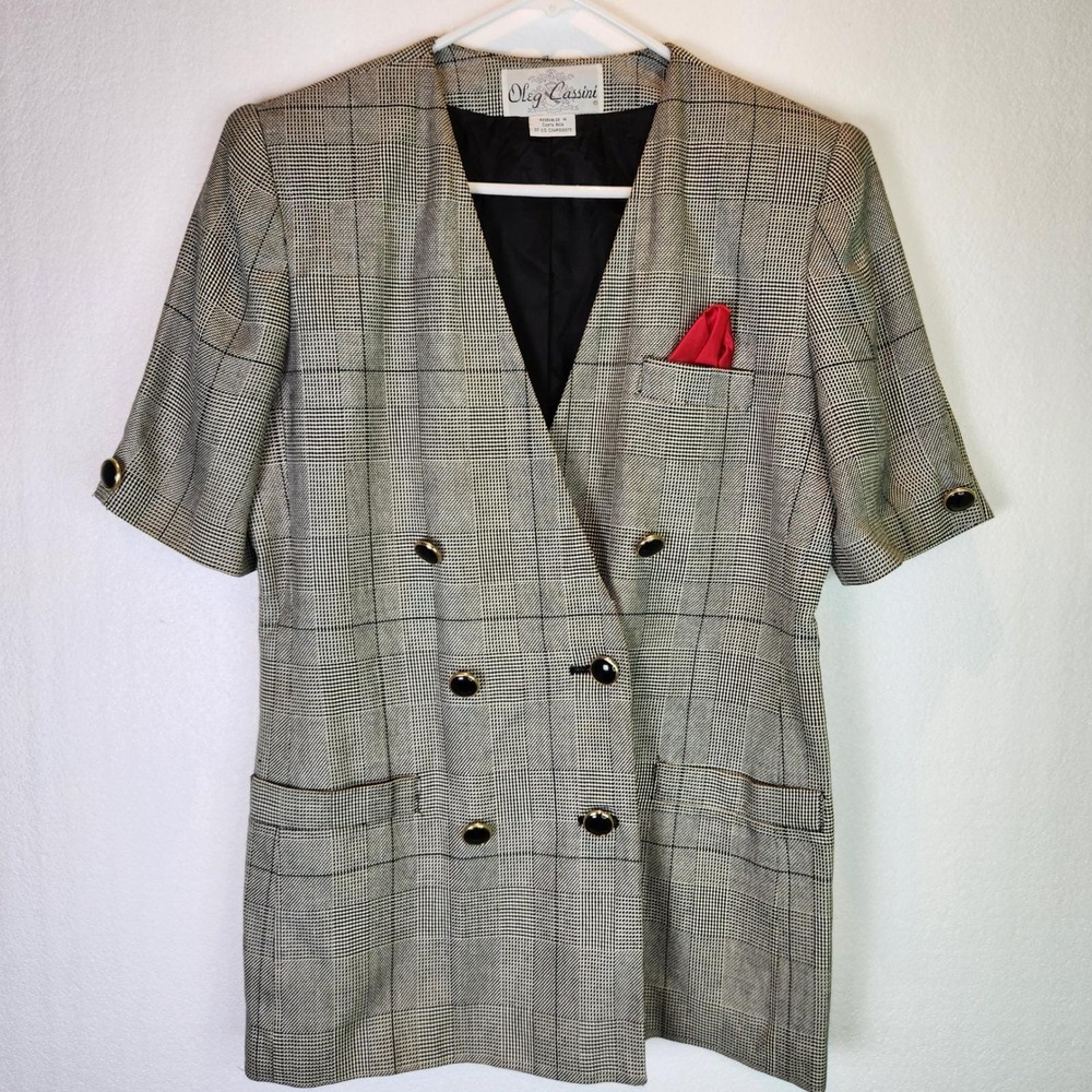 Oleg Cassini Vintage 80s Power Blazer Glen Plaid Double Breasted Short Sleeve 10